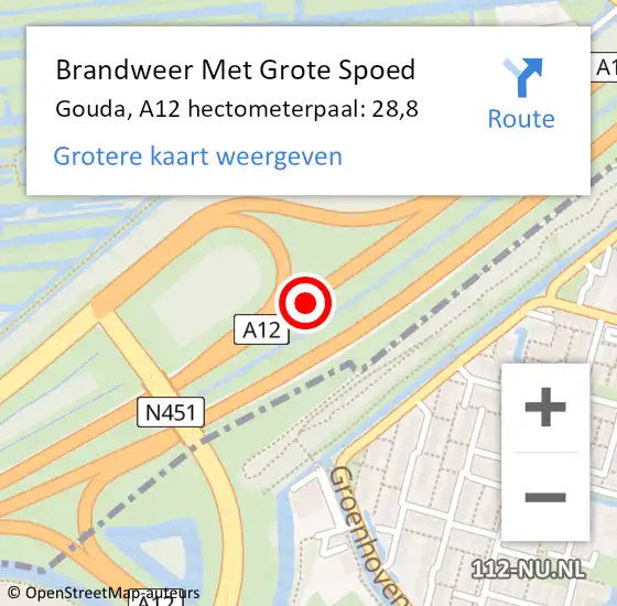 Locatie op kaart van de 112 melding: Brandweer Met Grote Spoed Naar Gouda, A12 hectometerpaal: 28,8 op 4 oktober 2024 01:48