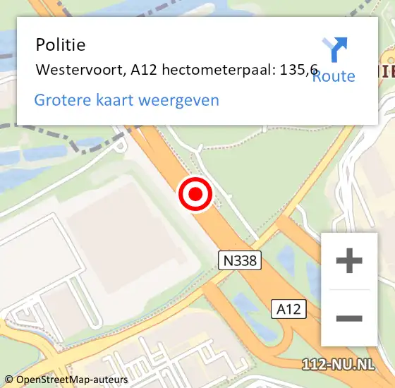 Locatie op kaart van de 112 melding: Politie Westervoort, A12 hectometerpaal: 135,6 op 4 oktober 2024 05:56