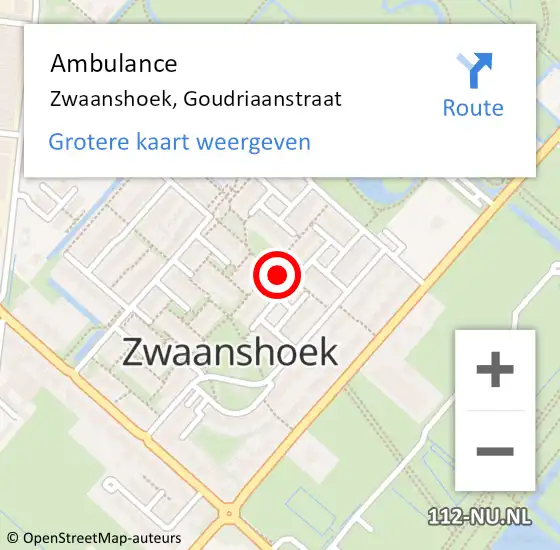 Locatie op kaart van de 112 melding: Ambulance Zwaanshoek, Goudriaanstraat op 4 oktober 2024 09:54