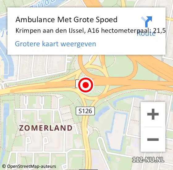 Locatie op kaart van de 112 melding: Ambulance Met Grote Spoed Naar Krimpen aan den IJssel, A16 hectometerpaal: 21,5 op 4 oktober 2024 10:00