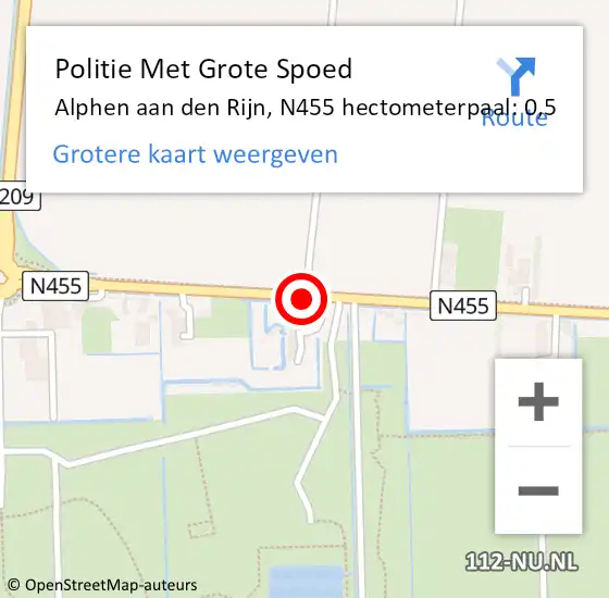 Locatie op kaart van de 112 melding: Politie Met Grote Spoed Naar Alphen aan den Rijn, N455 hectometerpaal: 0,5 op 4 oktober 2024 10:10