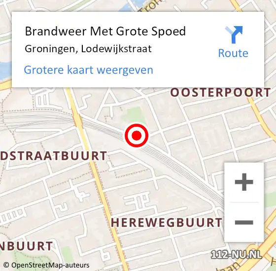 Locatie op kaart van de 112 melding: Brandweer Met Grote Spoed Naar Groningen, Lodewijkstraat op 4 oktober 2024 11:54