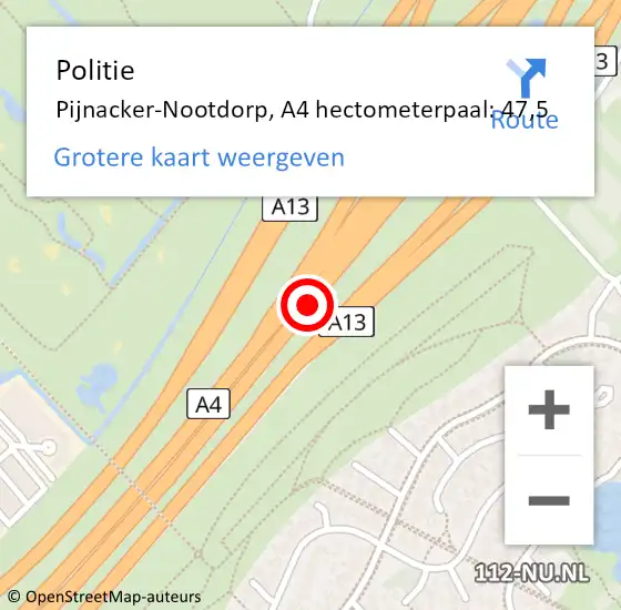 Locatie op kaart van de 112 melding: Politie Pijnacker-Nootdorp, A4 hectometerpaal: 47,5 op 4 oktober 2024 11:59