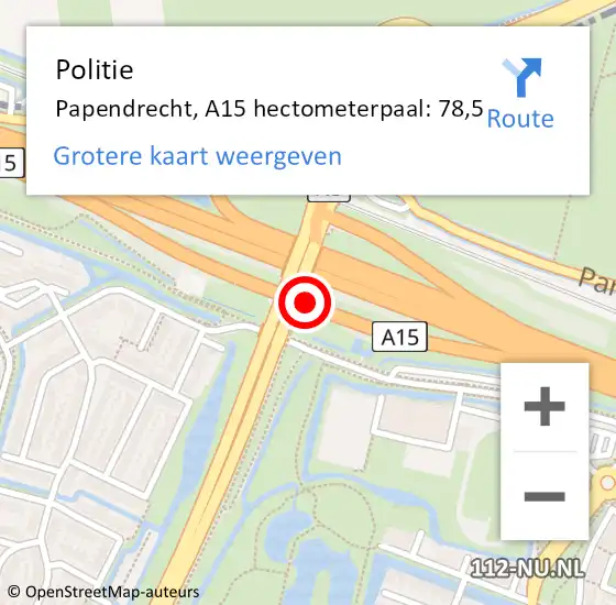 Locatie op kaart van de 112 melding: Politie Papendrecht, A15 hectometerpaal: 78,5 op 4 oktober 2024 12:13