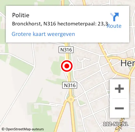 Locatie op kaart van de 112 melding: Politie Bronckhorst, N316 hectometerpaal: 23,3 op 4 oktober 2024 12:19