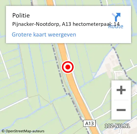 Locatie op kaart van de 112 melding: Politie Pijnacker-Nootdorp, A13 hectometerpaal: 14 op 4 oktober 2024 13:08