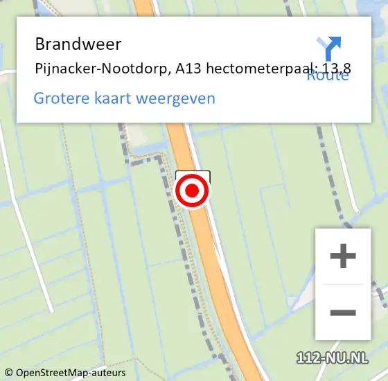 Locatie op kaart van de 112 melding: Brandweer Pijnacker-Nootdorp, A13 hectometerpaal: 13,8 op 4 oktober 2024 13:13