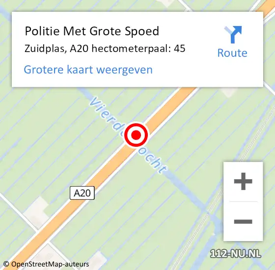 Locatie op kaart van de 112 melding: Politie Met Grote Spoed Naar Zuidplas, A20 hectometerpaal: 45 op 4 oktober 2024 13:46