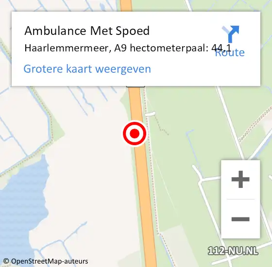 Locatie op kaart van de 112 melding: Ambulance Met Spoed Naar Haarlemmermeer, A9 hectometerpaal: 44,1 op 4 oktober 2024 13:56