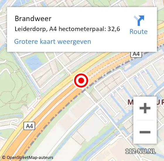 Locatie op kaart van de 112 melding: Brandweer Leiderdorp, A4 hectometerpaal: 32,6 op 4 oktober 2024 14:40