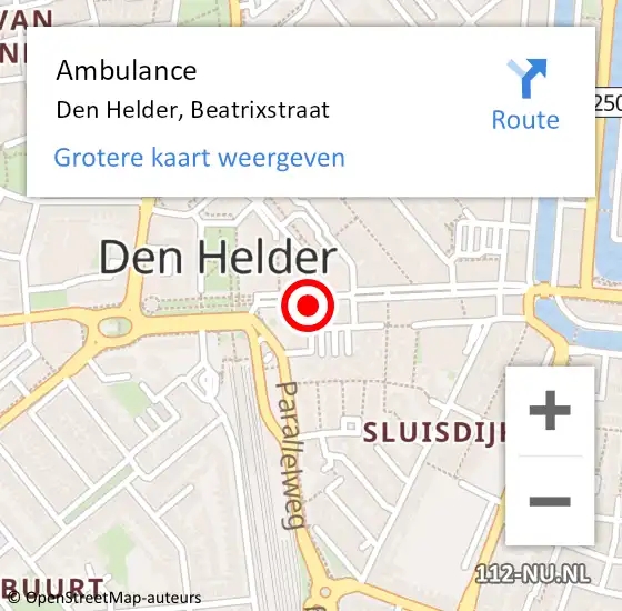 Locatie op kaart van de 112 melding: Ambulance Den Helder, Beatrixstraat op 4 oktober 2024 14:49