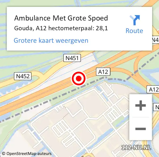 Locatie op kaart van de 112 melding: Ambulance Met Grote Spoed Naar Gouda, A12 hectometerpaal: 28,1 op 4 oktober 2024 15:19