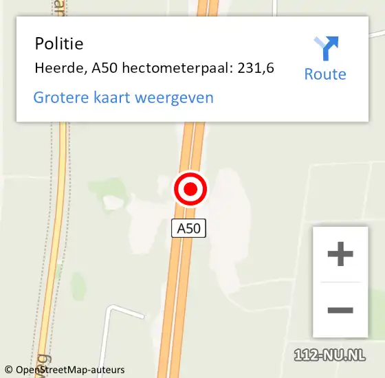 Locatie op kaart van de 112 melding: Politie Heerde, A50 hectometerpaal: 231,6 op 4 oktober 2024 15:45