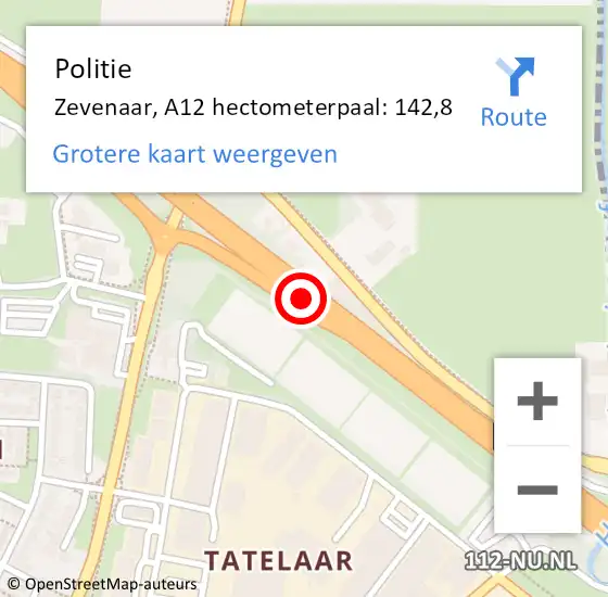 Locatie op kaart van de 112 melding: Politie Zevenaar, A12 hectometerpaal: 142,8 op 4 oktober 2024 15:58