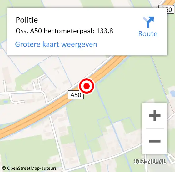 Locatie op kaart van de 112 melding: Politie Oss, A50 hectometerpaal: 133,8 op 4 oktober 2024 16:00