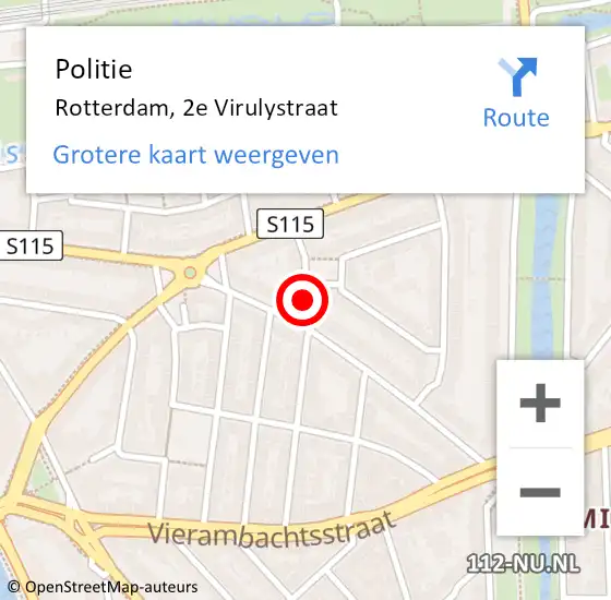 Locatie op kaart van de 112 melding: Politie Rotterdam, 2e Virulystraat op 4 oktober 2024 16:18