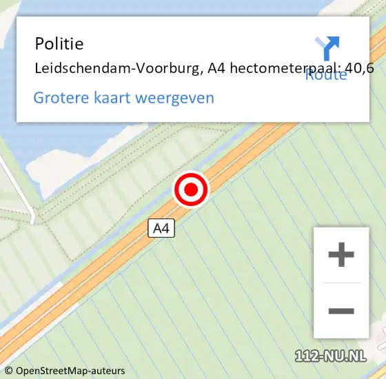 Locatie op kaart van de 112 melding: Politie Leidschendam-Voorburg, A4 hectometerpaal: 40,6 op 4 oktober 2024 16:46