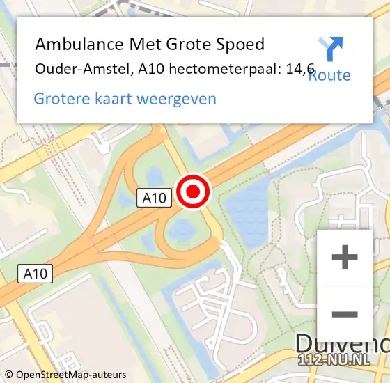 Locatie op kaart van de 112 melding: Ambulance Met Grote Spoed Naar Ouder-Amstel, A10 hectometerpaal: 14,6 op 4 oktober 2024 17:24