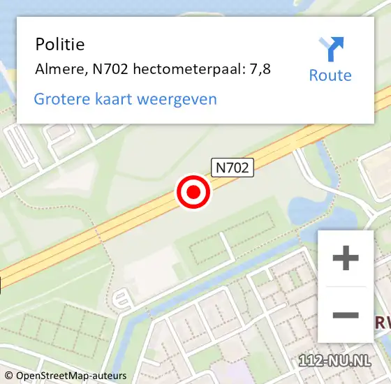 Locatie op kaart van de 112 melding: Politie Almere, N702 hectometerpaal: 7,8 op 4 oktober 2024 17:27