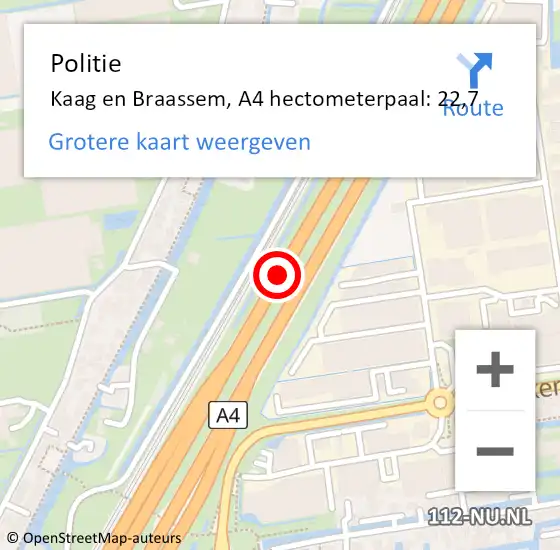 Locatie op kaart van de 112 melding: Politie Kaag en Braassem, A4 hectometerpaal: 22,7 op 4 oktober 2024 17:38