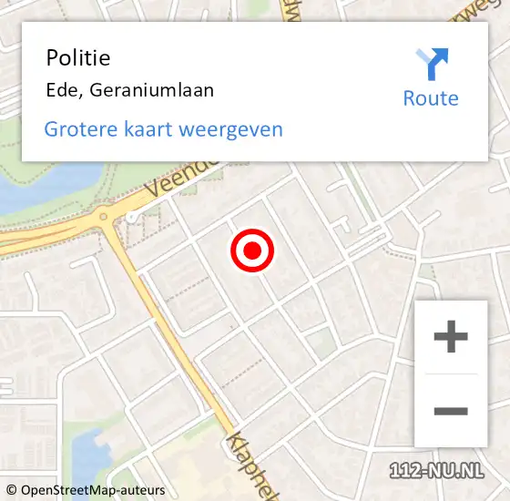 Locatie op kaart van de 112 melding: Politie Ede, Geraniumlaan op 4 oktober 2024 17:40