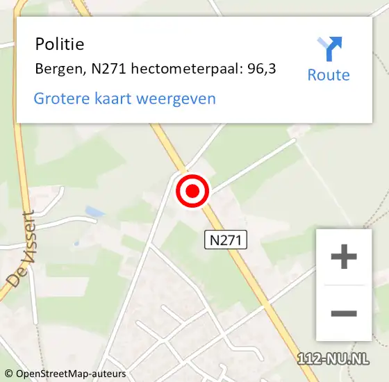 Locatie op kaart van de 112 melding: Politie Bergen, N271 hectometerpaal: 96,3 op 4 oktober 2024 17:52