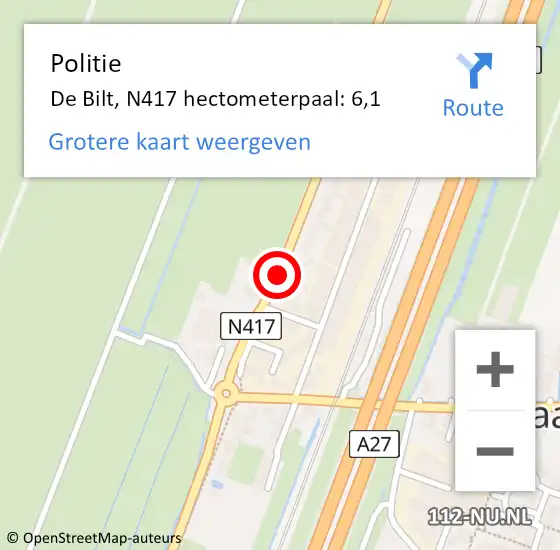 Locatie op kaart van de 112 melding: Politie De Bilt, N417 hectometerpaal: 6,1 op 4 oktober 2024 18:36