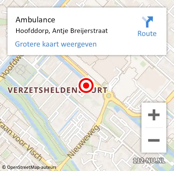 Locatie op kaart van de 112 melding: Ambulance Hoofddorp, Antje Breijerstraat op 4 oktober 2024 18:38