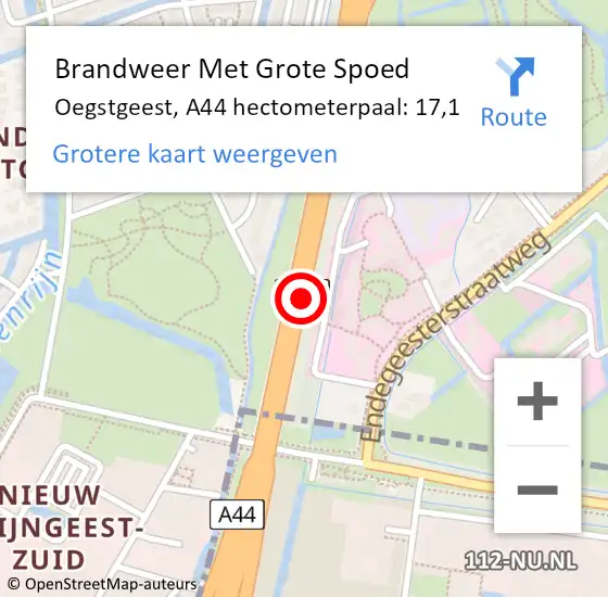 Locatie op kaart van de 112 melding: Brandweer Met Grote Spoed Naar Oegstgeest, A44 hectometerpaal: 17,1 op 4 oktober 2024 19:07