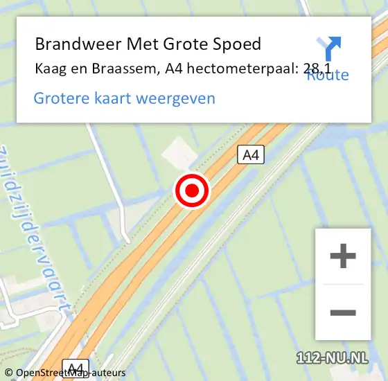 Locatie op kaart van de 112 melding: Brandweer Met Grote Spoed Naar Kaag en Braassem, A4 hectometerpaal: 28,1 op 4 oktober 2024 19:09