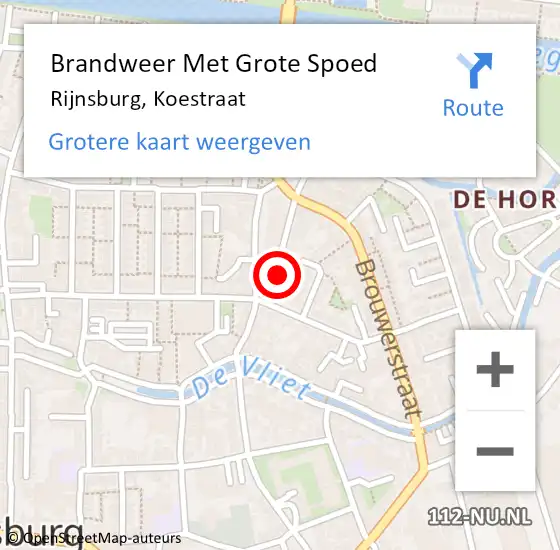 Locatie op kaart van de 112 melding: Brandweer Met Grote Spoed Naar Rijnsburg, Koestraat op 4 oktober 2024 19:30