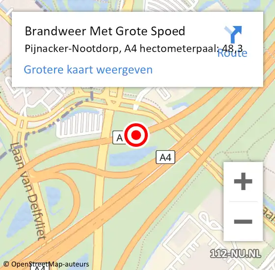 Locatie op kaart van de 112 melding: Brandweer Met Grote Spoed Naar Pijnacker-Nootdorp, A4 hectometerpaal: 48,3 op 4 oktober 2024 20:50