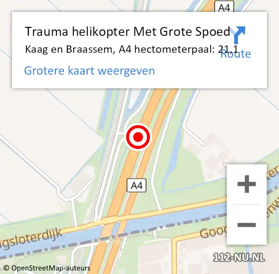 Locatie op kaart van de 112 melding: Trauma helikopter Met Grote Spoed Naar Kaag en Braassem, A4 hectometerpaal: 21,1 op 4 oktober 2024 21:36