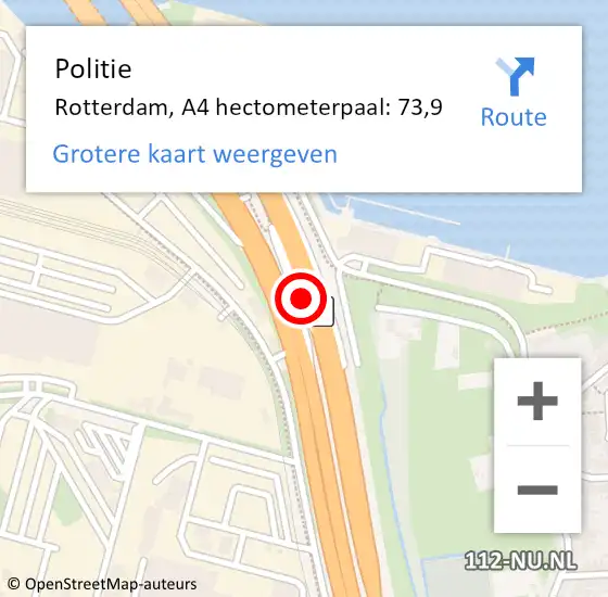 Locatie op kaart van de 112 melding: Politie Rotterdam, A4 hectometerpaal: 73,9 op 4 oktober 2024 22:13