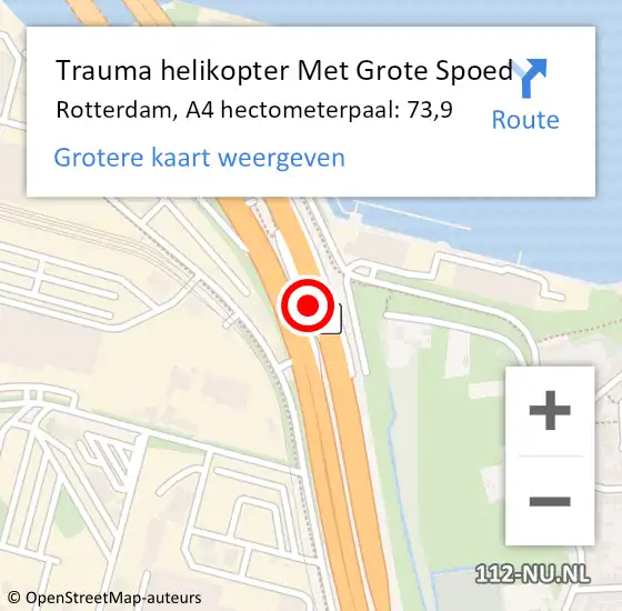 Locatie op kaart van de 112 melding: Trauma helikopter Met Grote Spoed Naar Rotterdam, A4 hectometerpaal: 73,9 op 4 oktober 2024 22:20