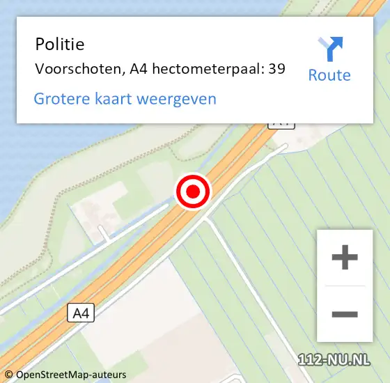 Locatie op kaart van de 112 melding: Politie Voorschoten, A4 hectometerpaal: 39 op 4 oktober 2024 23:03