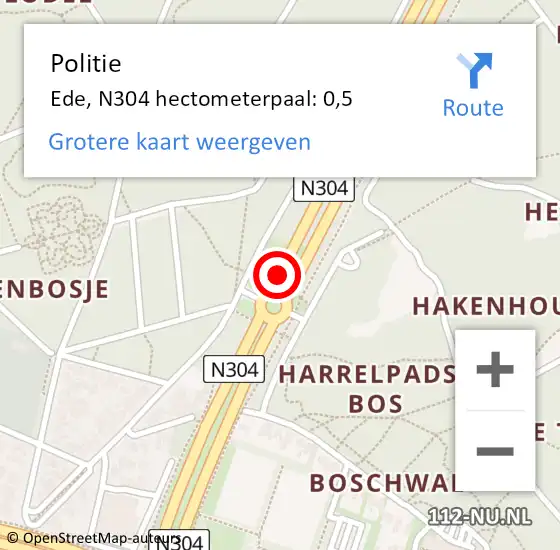 Locatie op kaart van de 112 melding: Politie Ede, N304 hectometerpaal: 0,5 op 4 oktober 2024 23:24