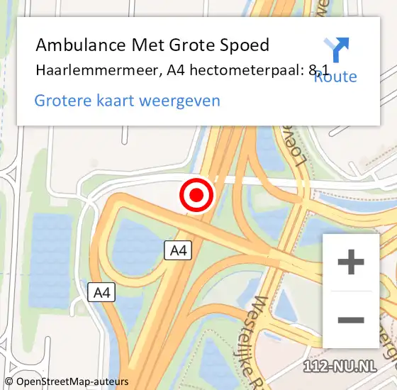 Locatie op kaart van de 112 melding: Ambulance Met Grote Spoed Naar Haarlemmermeer, A4 hectometerpaal: 8,1 op 5 oktober 2024 00:17