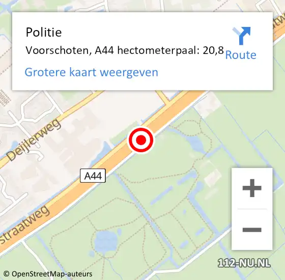 Locatie op kaart van de 112 melding: Politie Voorschoten, A44 hectometerpaal: 20,8 op 5 oktober 2024 08:57