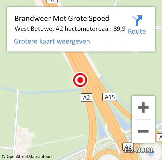 Locatie op kaart van de 112 melding: Brandweer Met Grote Spoed Naar West Betuwe, A2 hectometerpaal: 89,9 op 5 oktober 2024 10:48