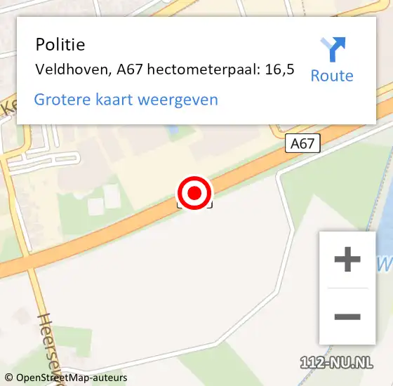 Locatie op kaart van de 112 melding: Politie Veldhoven, A67 hectometerpaal: 16,5 op 5 oktober 2024 11:58