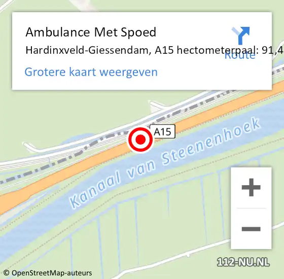 Locatie op kaart van de 112 melding: Ambulance Met Spoed Naar Hardinxveld-Giessendam, A15 hectometerpaal: 91,4 op 5 oktober 2024 13:07