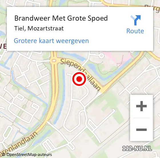 Locatie op kaart van de 112 melding: Brandweer Met Grote Spoed Naar Tiel, Mozartstraat op 5 oktober 2024 13:20