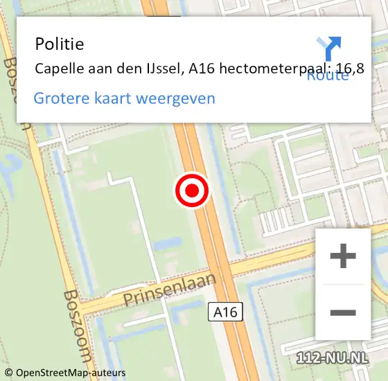 Locatie op kaart van de 112 melding: Politie Capelle aan den IJssel, A16 hectometerpaal: 16,8 op 5 oktober 2024 13:50