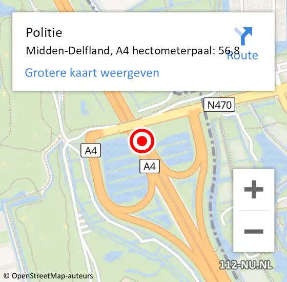 Locatie op kaart van de 112 melding: Politie Midden-Delfland, A4 hectometerpaal: 56,8 op 5 oktober 2024 14:16