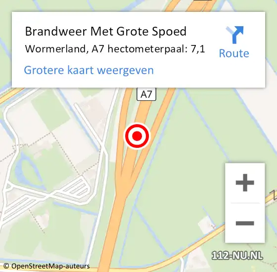 Locatie op kaart van de 112 melding: Brandweer Met Grote Spoed Naar Wormerland, A7 hectometerpaal: 7,1 op 5 oktober 2024 14:40