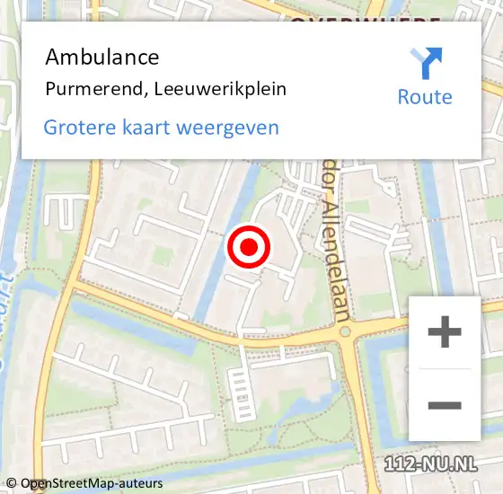 Locatie op kaart van de 112 melding: Ambulance Purmerend, Leeuwerikplein op 5 oktober 2024 14:52