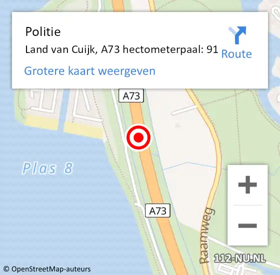 Locatie op kaart van de 112 melding: Politie Land van Cuijk, A73 hectometerpaal: 91 op 5 oktober 2024 15:05