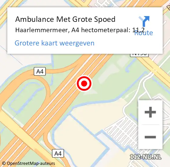 Locatie op kaart van de 112 melding: Ambulance Met Grote Spoed Naar Haarlemmermeer, A4 hectometerpaal: 11,2 op 5 oktober 2024 15:12