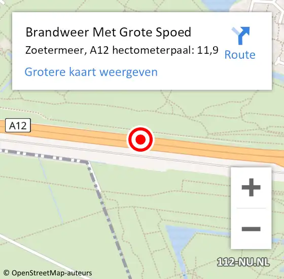 Locatie op kaart van de 112 melding: Brandweer Met Grote Spoed Naar Zoetermeer, A12 hectometerpaal: 11,9 op 5 oktober 2024 15:28